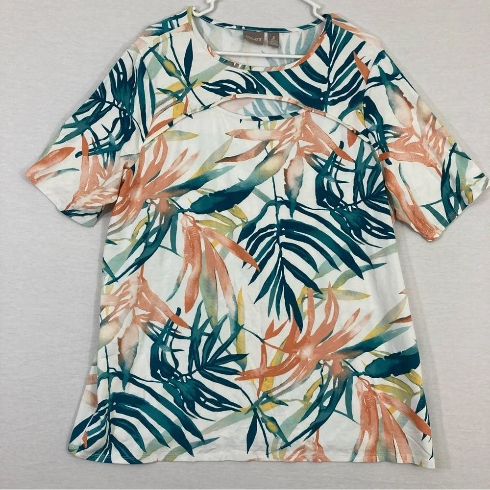 Chico's Ultra Softâ Rayon Leaf Print Round Neck Pullover Top XL